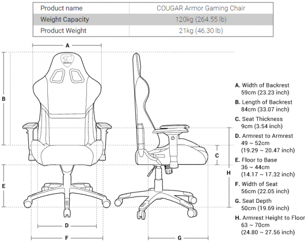 COUGAR-Armor-Gaming-Chair-Specifications